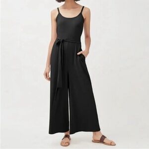Cuyana Pima Cotton Modal Stretch V-Back Jumpsuit with Tie Waist Black XS
